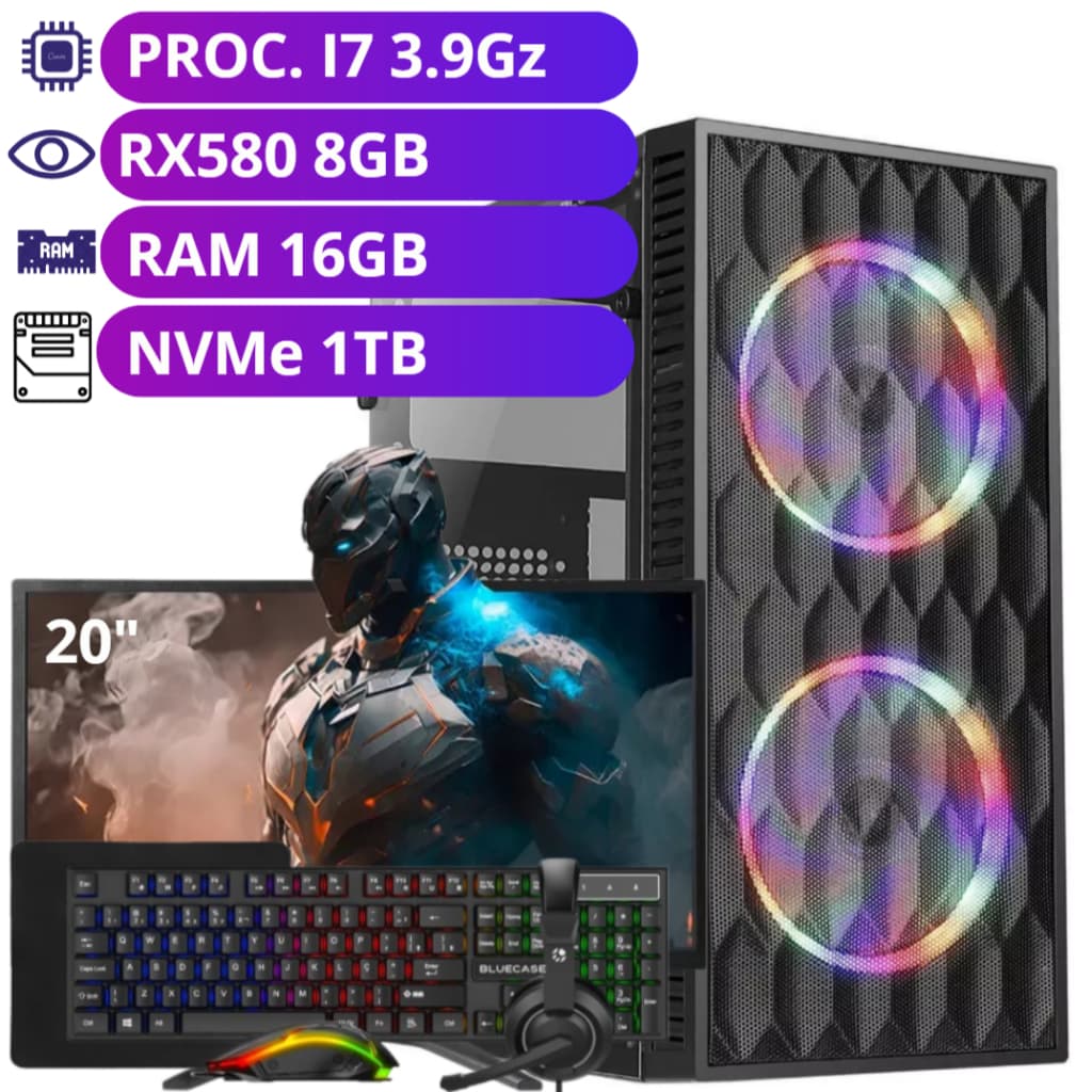 Computador Gamer Intel Core i7 + RX580 8GB + NVMe 1TB + 16GB de RAM + Monitor 20"