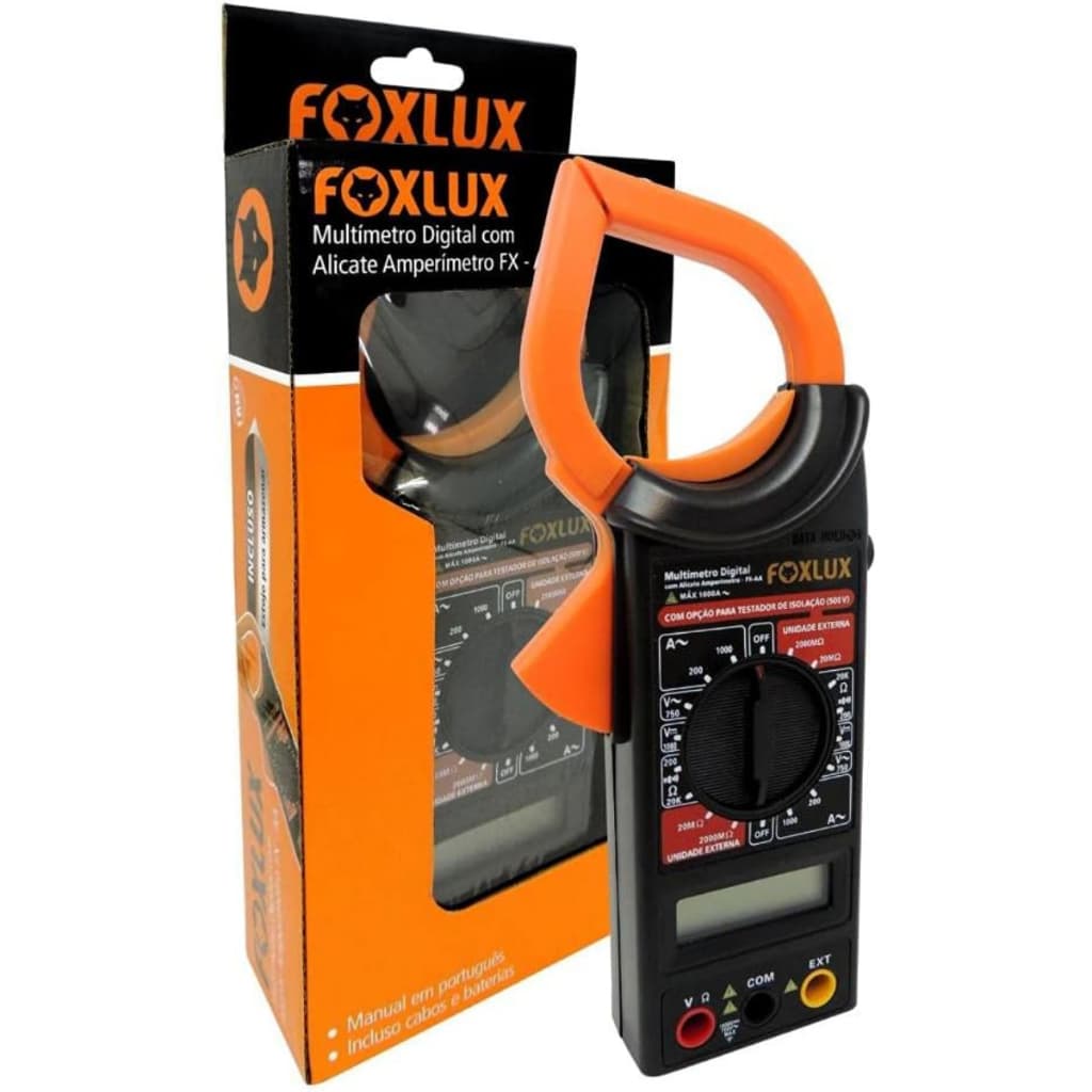 Alicate Amperímetro Digital Multímetro 1000A FX-AA para Medições Elétricas Foxlux C/ Estojo