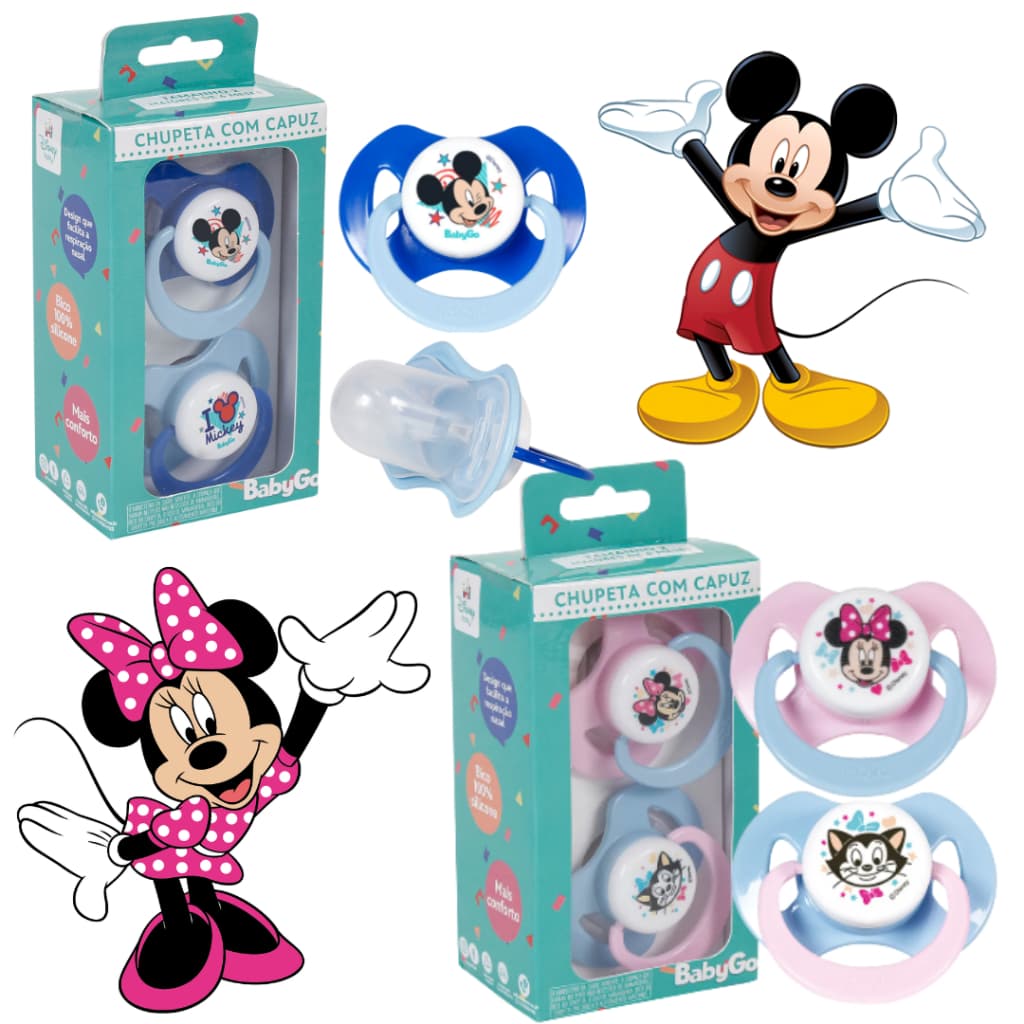 kit 2 ou unitário CHUPETA ORTO C/ CAPUZ DO MICKEY MINNIE MENORES ou MAIORES DE 6 MESES BABYGO