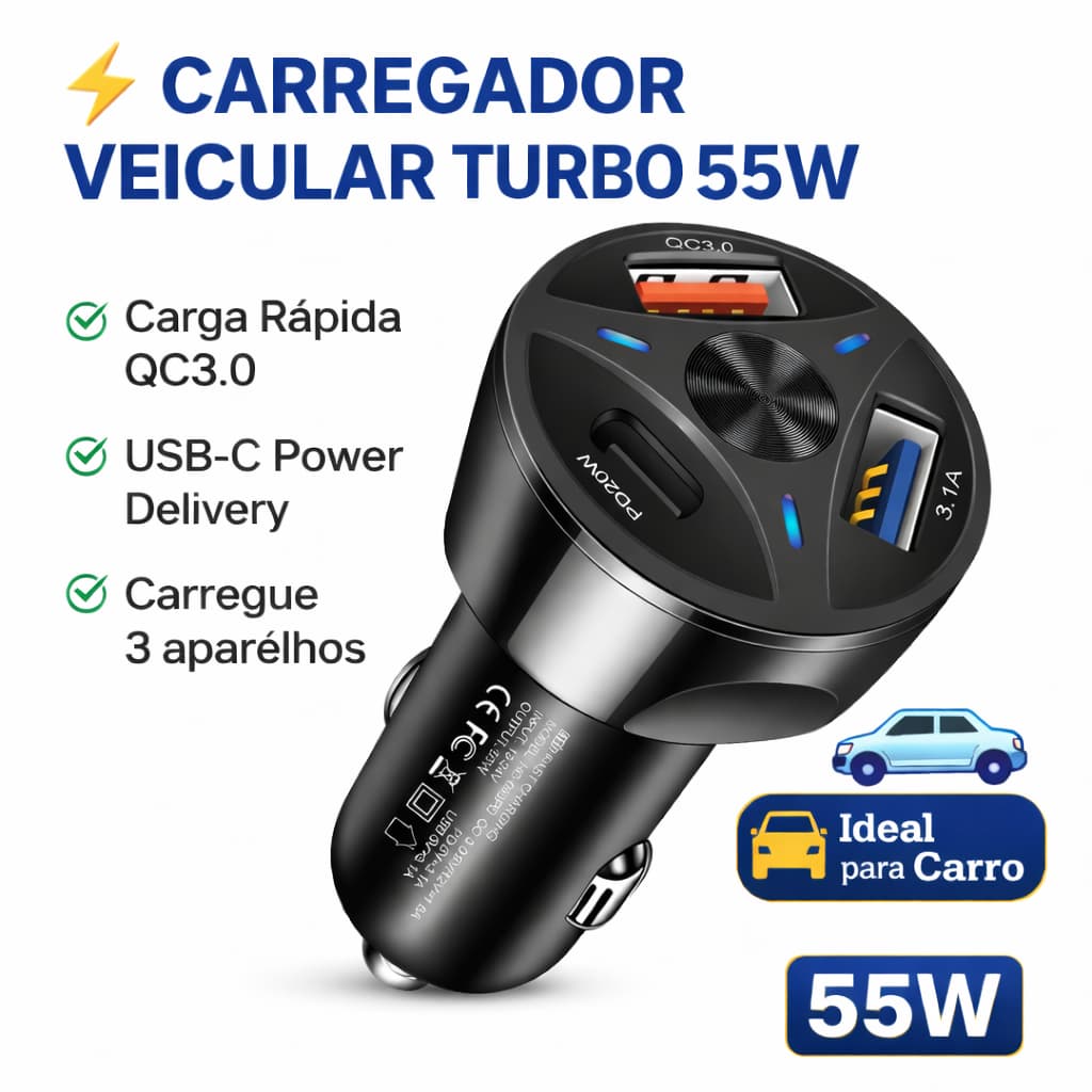 Carregador Veicular 55W Turbo USB-C PD + QC3.0 3 Portas Carregamento Rápido Carro
