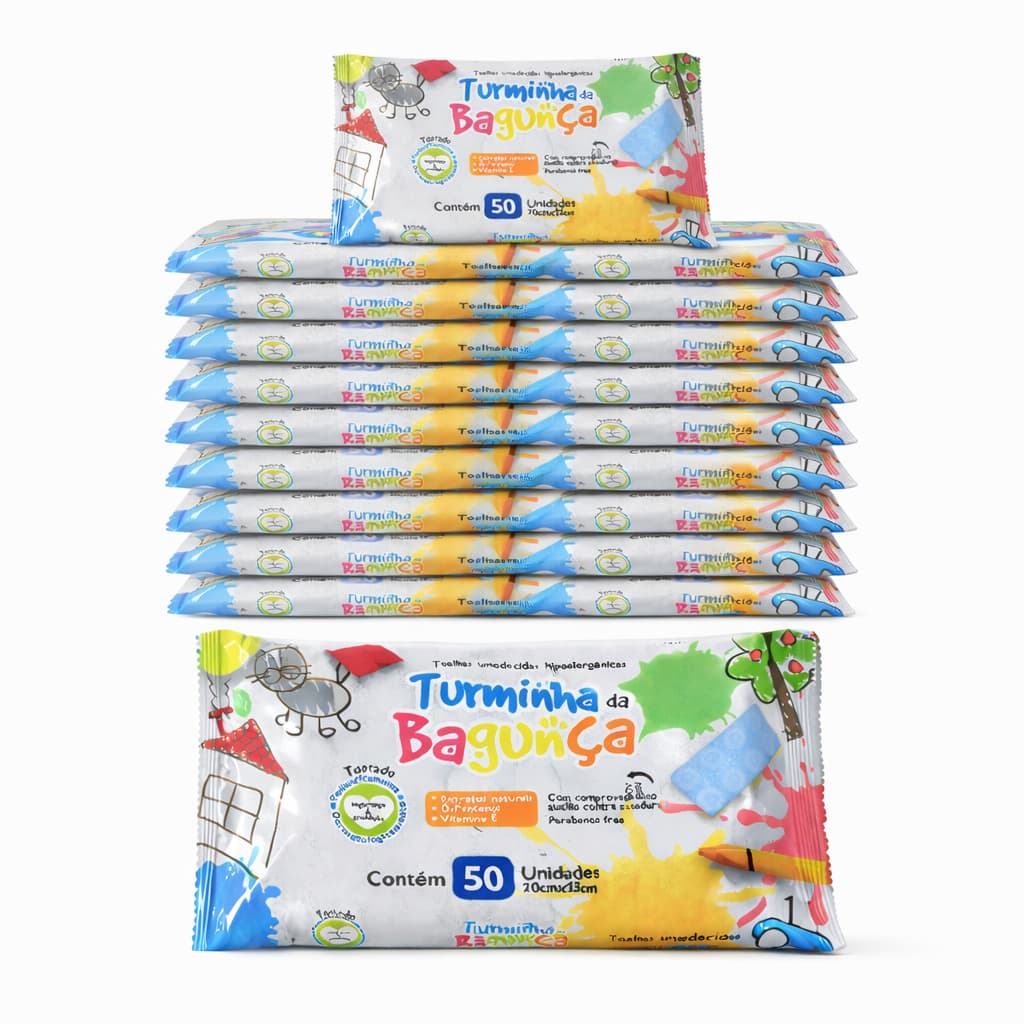 Kit 15 Toalhas Umedecidas Turminha da Bagunça 50 Folhas 98% Água Lenço Umedecido