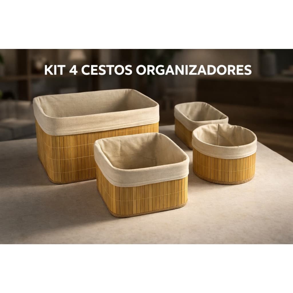Cestos Organizadores Bambu Kit 4 Cestos Organizar Roupas Banheiro Closet