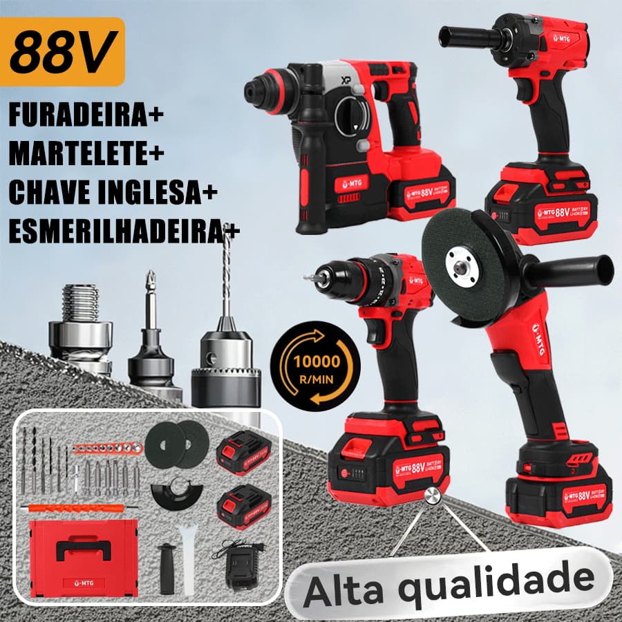 Kit Completo 4 Ferramentas 88V: Martelete, Esmerilhadeira, Parafusadeira, Chave de Impacto Com Bateria e Acessórios