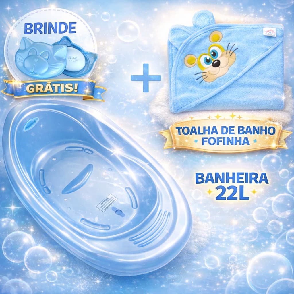 Kit Toalha de banho + Banheira de Bebe 20L + Saboneteira Menina/Menino/Neutro Premium