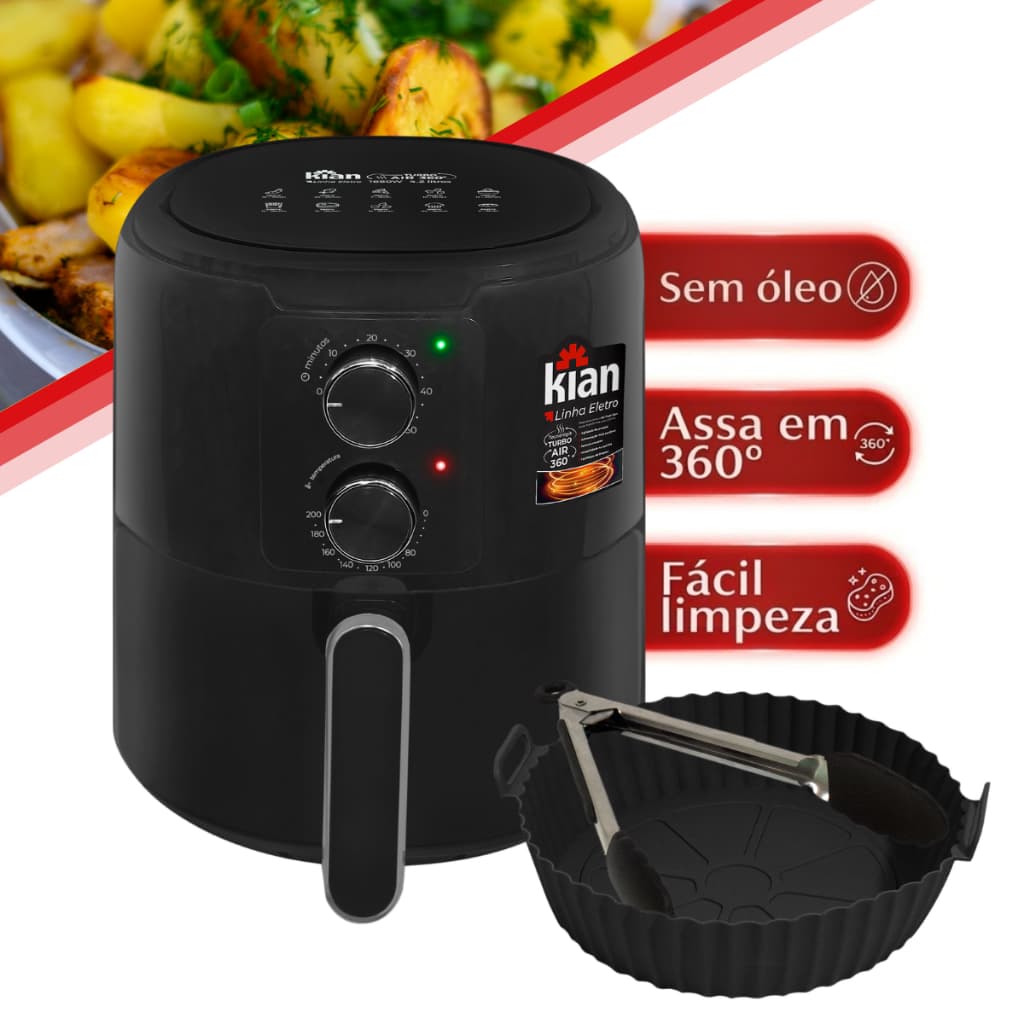Air Fryer Kian Preta Fritadeira Saudável e Prática 220V 4,2L Sem Óleo Assa Rápido