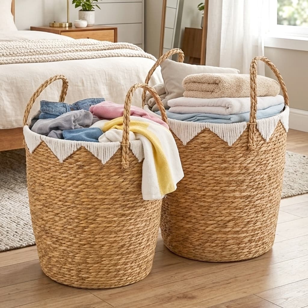 Cesto Organizador Fibra Natural Roupa Suja Brinquedo Banheiro Decorativo Grande Com Alça Dupla Palha