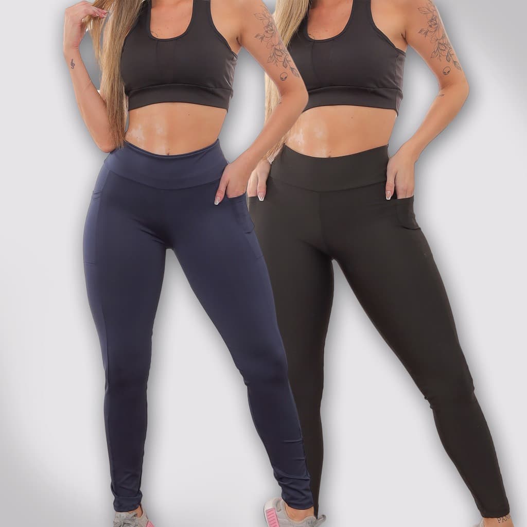 Kit 02 Calça Legging suplex  Feminina Bolso celular   Fitness Roupa Academia cós alto