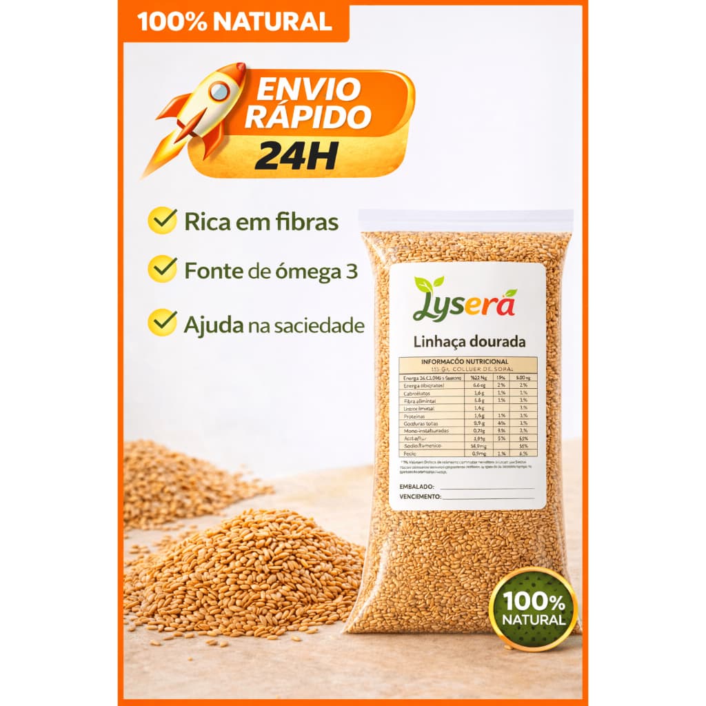 Linhaça Dourada importada Lysera 1kg Natural Rica em Fibras Fonte de Ômega 3 Pura Premium Saudável Alta Qualidade