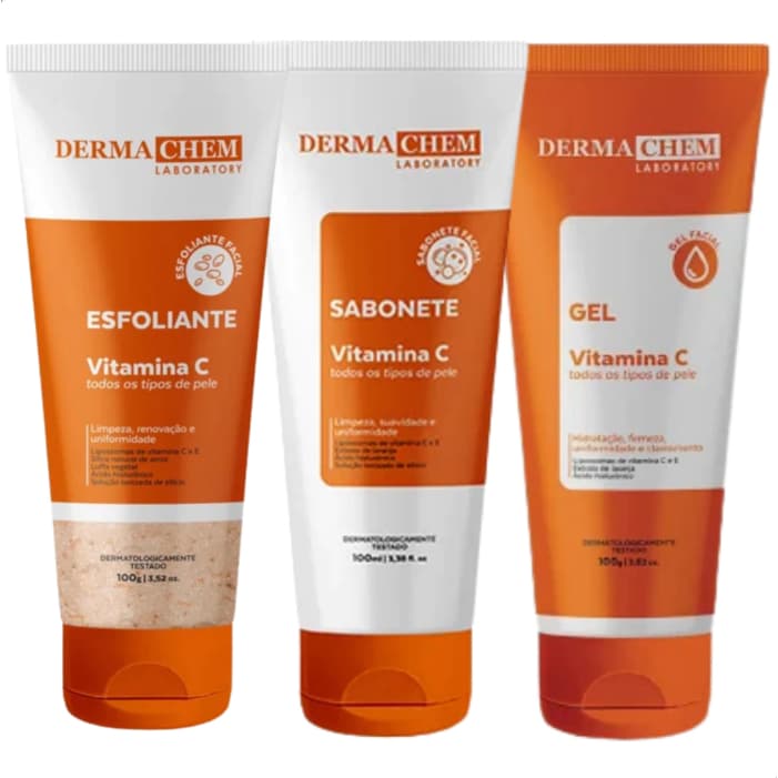 Dermachem Kit Anti-idade Vitamina C Sabonete Facial Esfoliante para Rosto e Gel Skincare