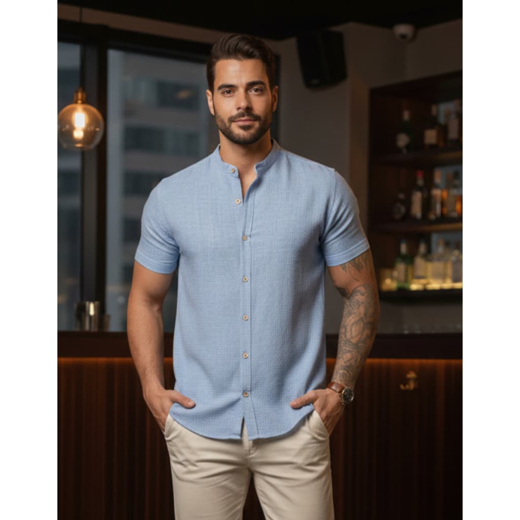 Camisa Masculina Gola Padre Manga Curta Casual Slim Fit Social Moderna