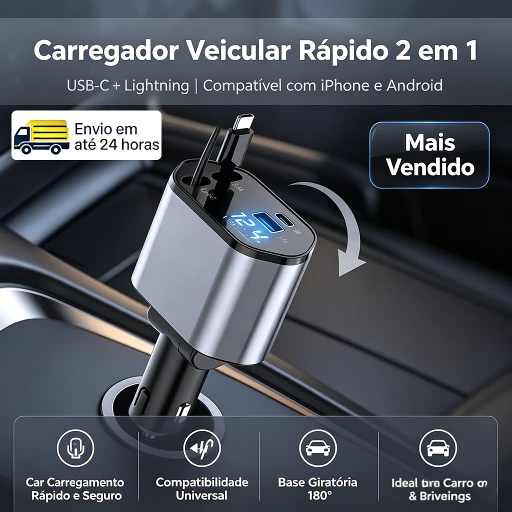 Carregador Veicular 4 em 1 com Giro 180° – USB-C e Lightning, Carregamento Rápido para iPhone e Android
