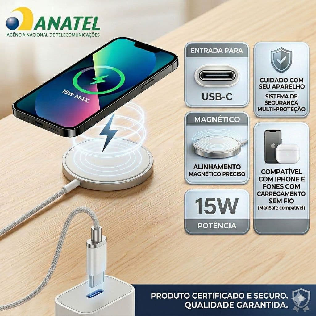 Carregador Wireless Magnético 15W MagSafe iPhone 12 a 17 USB-C Rápido