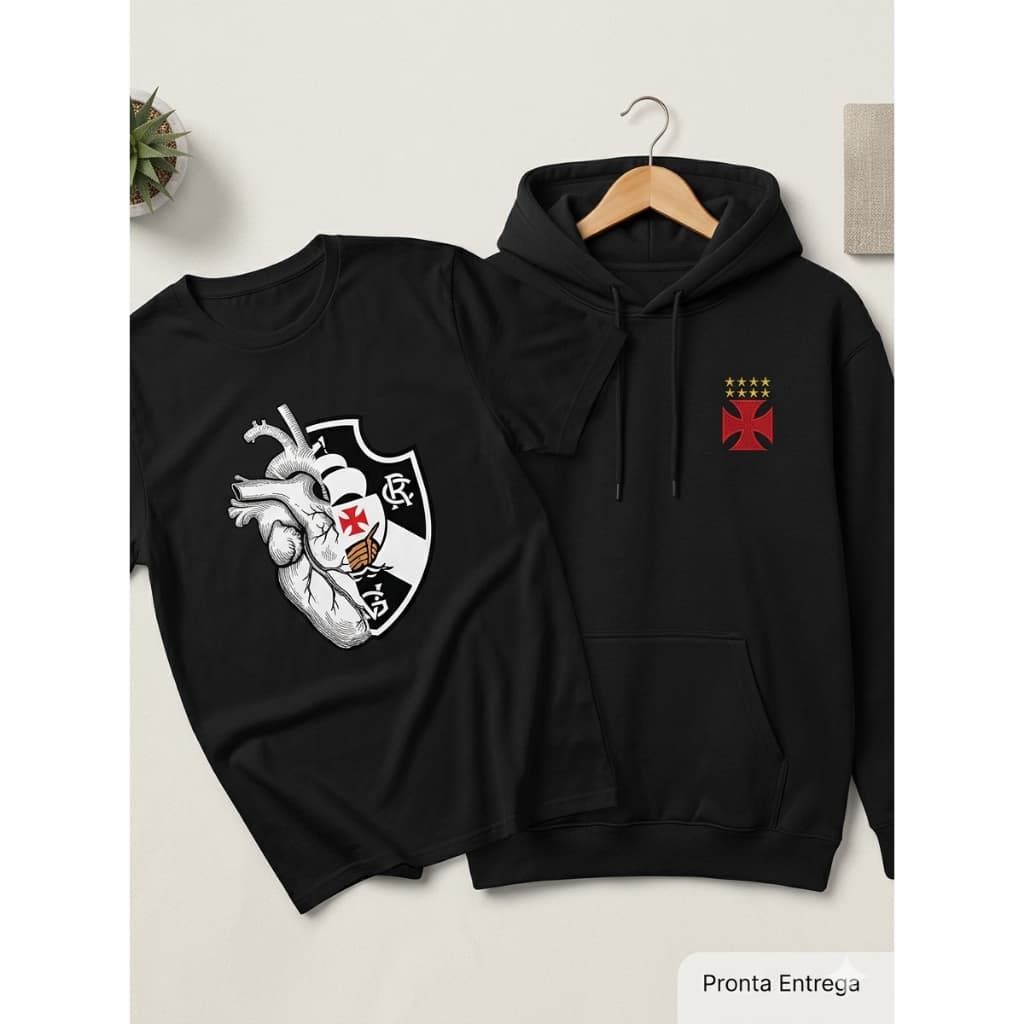 Moletom Vasco + Camiseta Vasco da Gama Kit Camisa e Moletom de Time Carioca Gigante Da Colina Oficial Casual Inverno