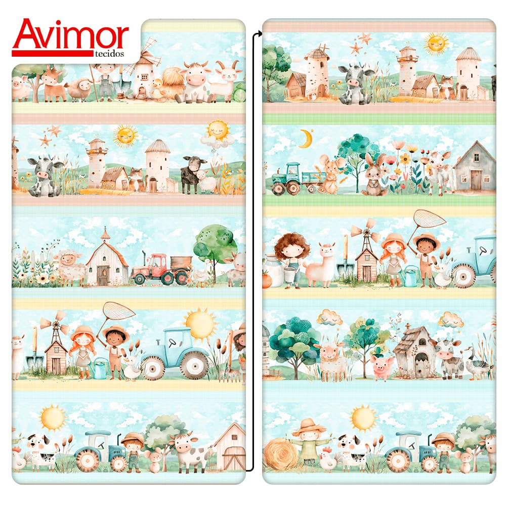 Tecido Tricoline Digital Barrado Fazendinha Infantil 100% Algodão Patchwork Quilting Bolsas Luxo