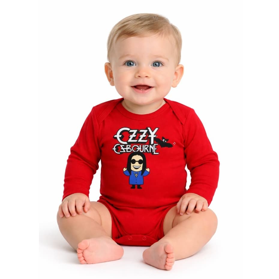 Body Bebê Ozzy Osbourne Rock Vermelho Body Infantil Menino Menina Roupa Bebê Estampada Manga Curta