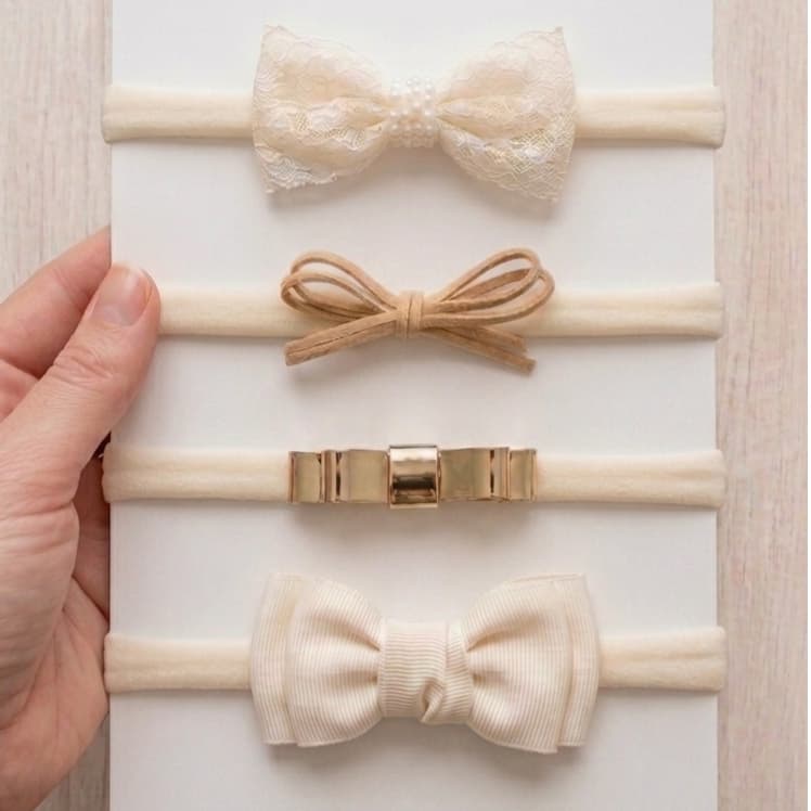 Kit 4 Faixas Bebê Tiara Menina Recém Nascido Enxoval Batizado Maternidade off white marfim