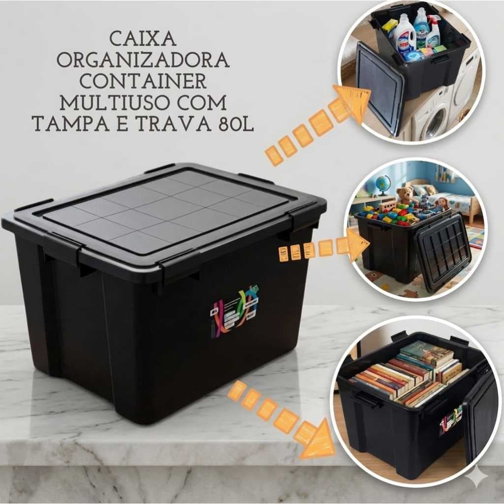 Caixa Organizadora 80 Litros C/ Travas Para Multiuso Escritorio Cozinha Brinquedo