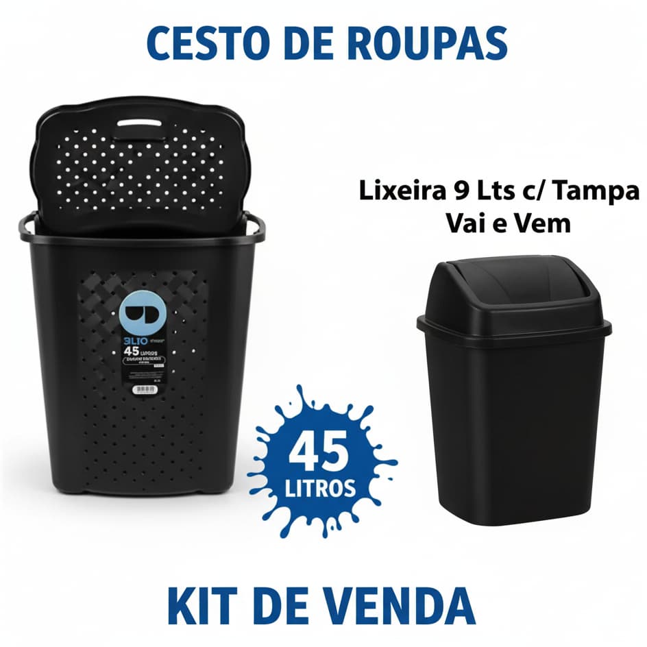 Conjunto Organizador Cesto Roupas Suja 45 Litros + Lixeira 9 Litros Cozinha Pia Banheiro