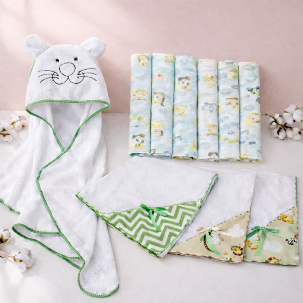 Kit Enxoval de Bebe 15 Peças Toalha Banho Bebê Bordada + 11 Fraldinhas + 3 Manta Fralda 100% Algodão