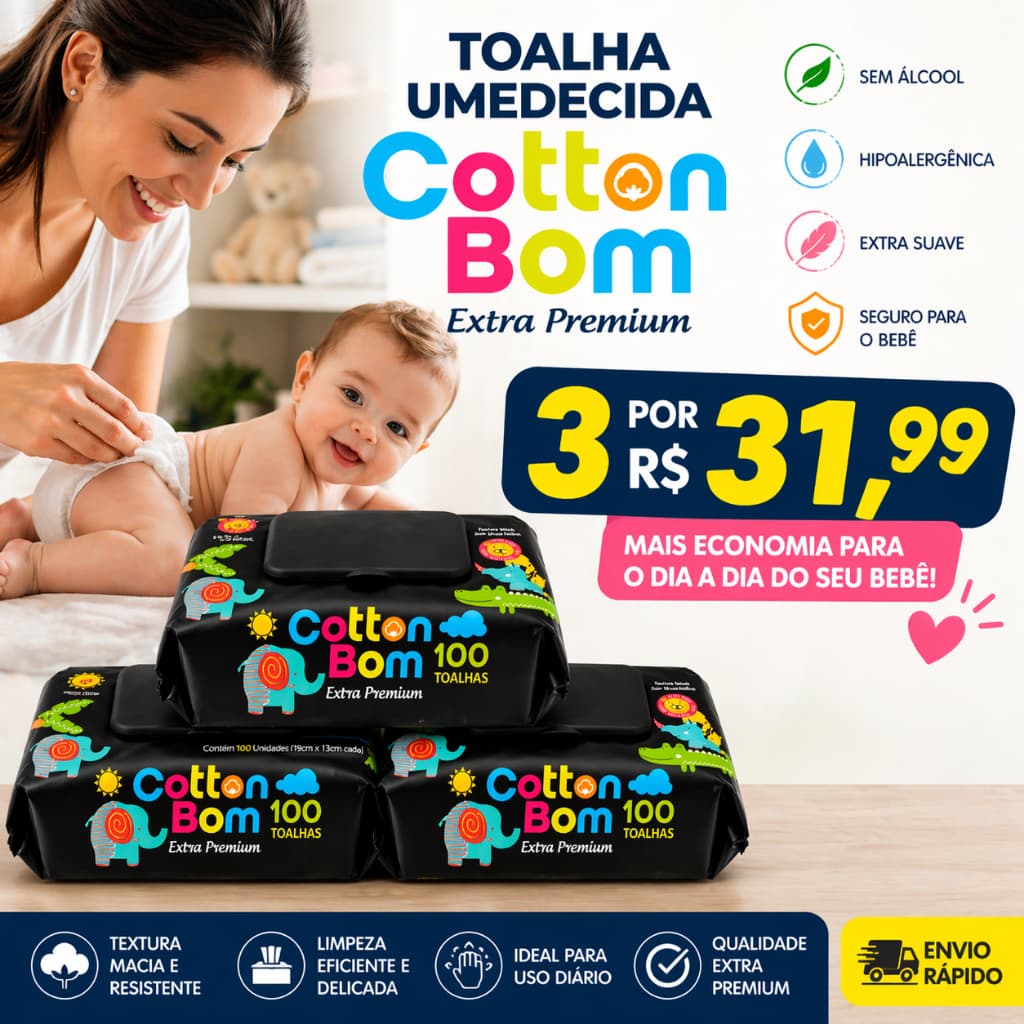 Lenço Umedecido Cotton Bom 03 pacotes com 100 Unidades cada, Extra Premium Sem Álcool Hipoalergênica Bebê