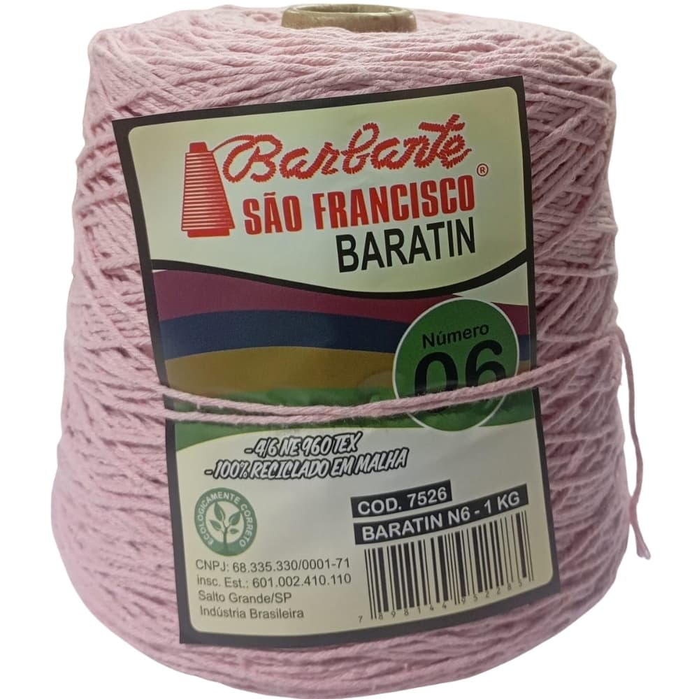 Barbante BARATIN nº06 1kg . Rosa Claro- Algodão reciclado. Linha Para Crochê. Tapete Crochê.