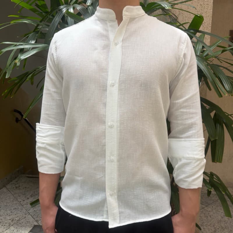 camisa social manga longa gola padre decido  linho não encolhe Slim fit