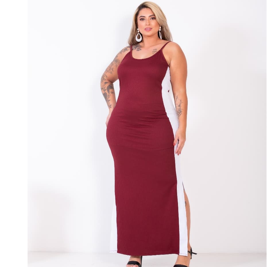 Vestido Faixa Moda Plus Size Curve Canelado Longo Gestante Grávida Alcinha Fenda Lateral Verão Modinha Feminino Festa