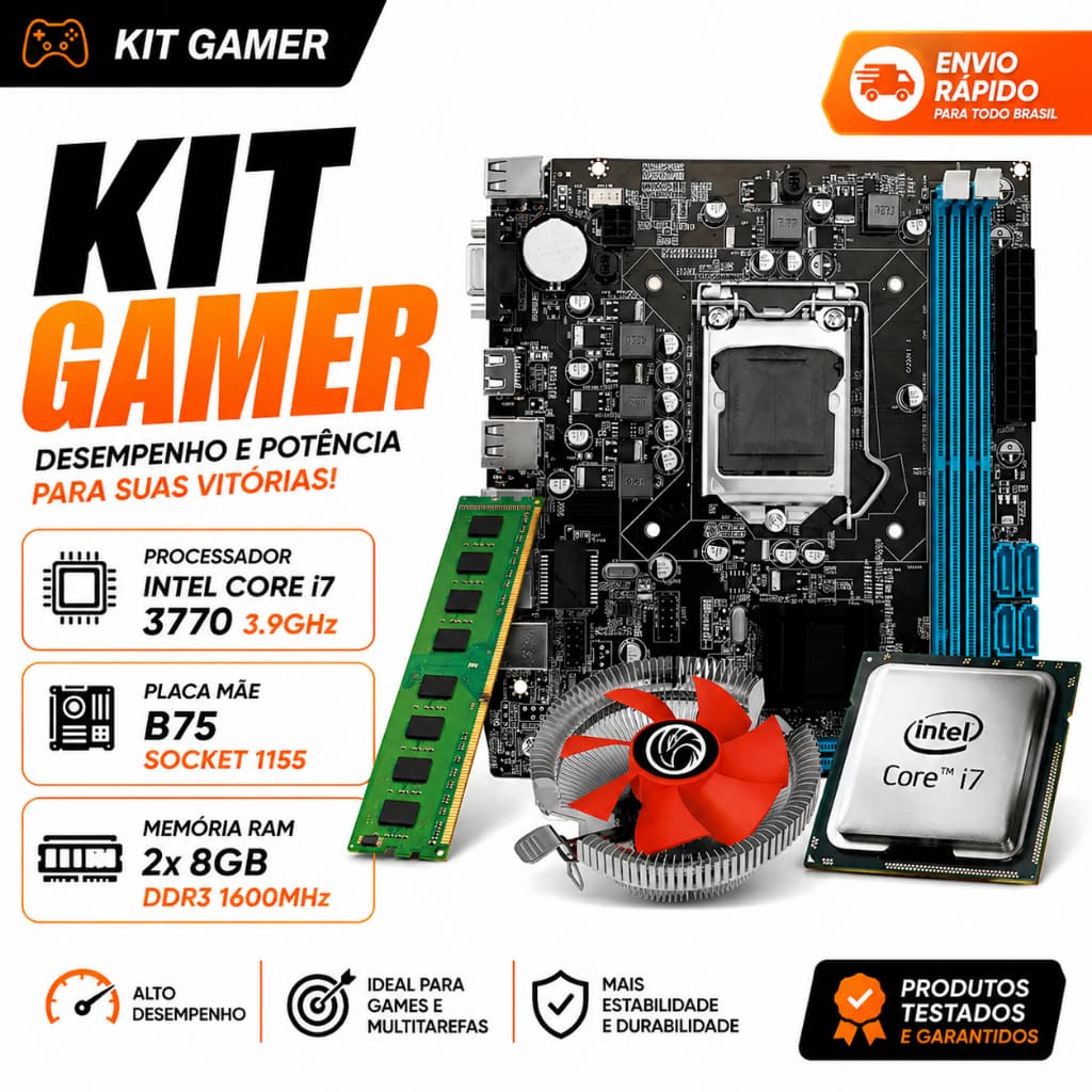 Kit Gamer I7 3770 3.9ghz + Placa B75 1155 + 2x 8gb 1600mhz Preto