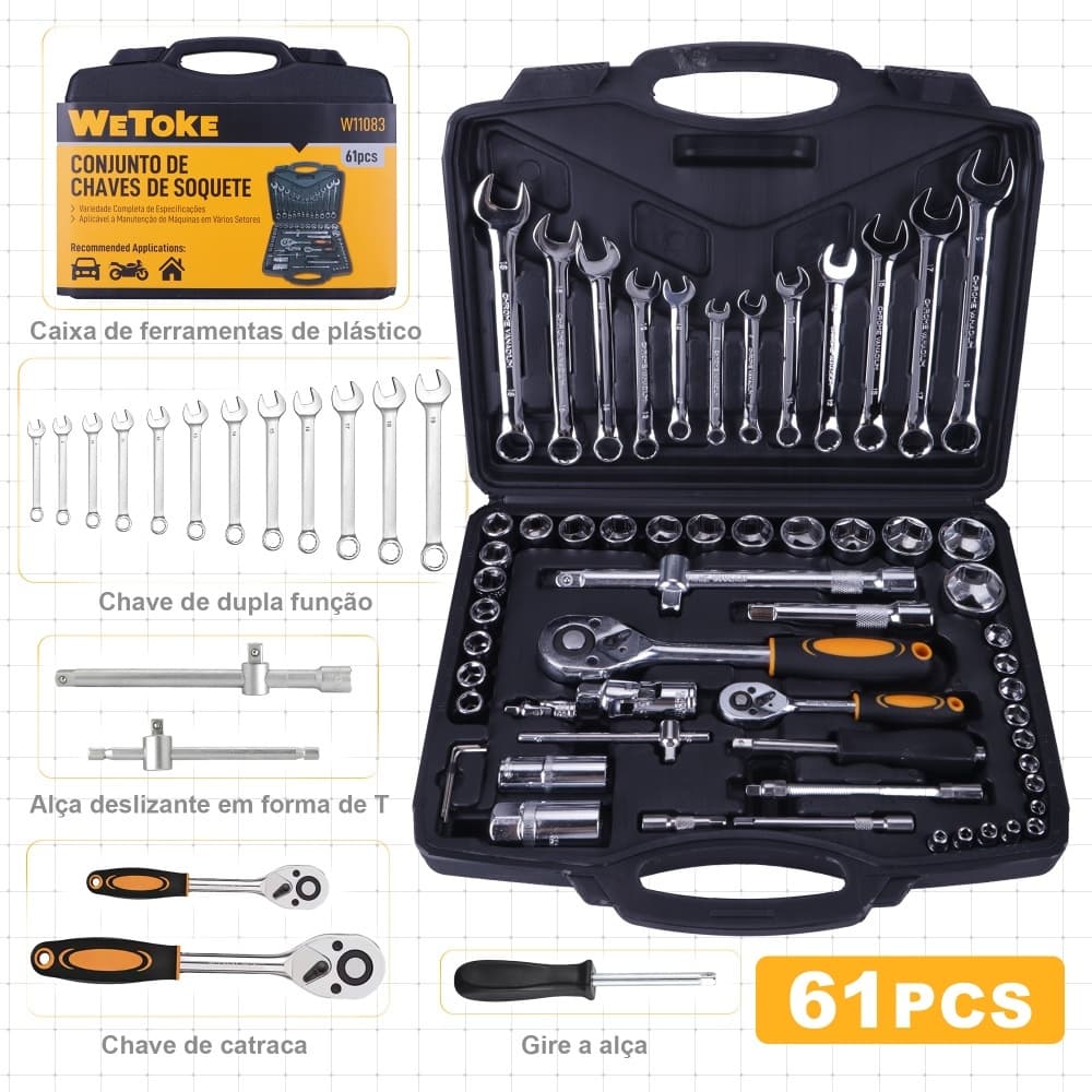 Kit Ferramentas 61 Peças Jogo Soquete Catraca Chaves Combinadas Maleta 4-32mm