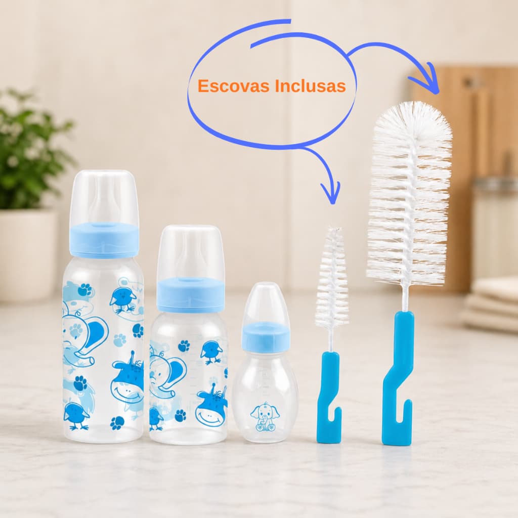 Kit 5 Peças Bebê 3 Mamadeiras Bico Silicone + 2 Escovas Limpeza