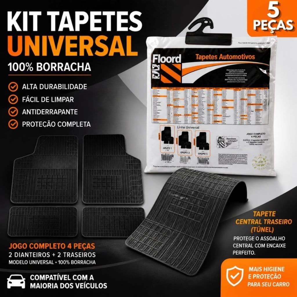 Tapete automotivo Universal 100% em Borracha com Tapete Túnel