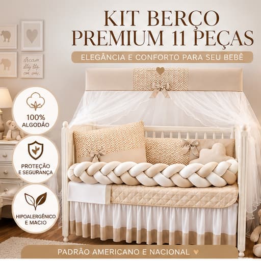 Kit Berço Bege Neutro 11 Peças Premium Completo, Padrão Americano, Enxoval Luxo Bebê