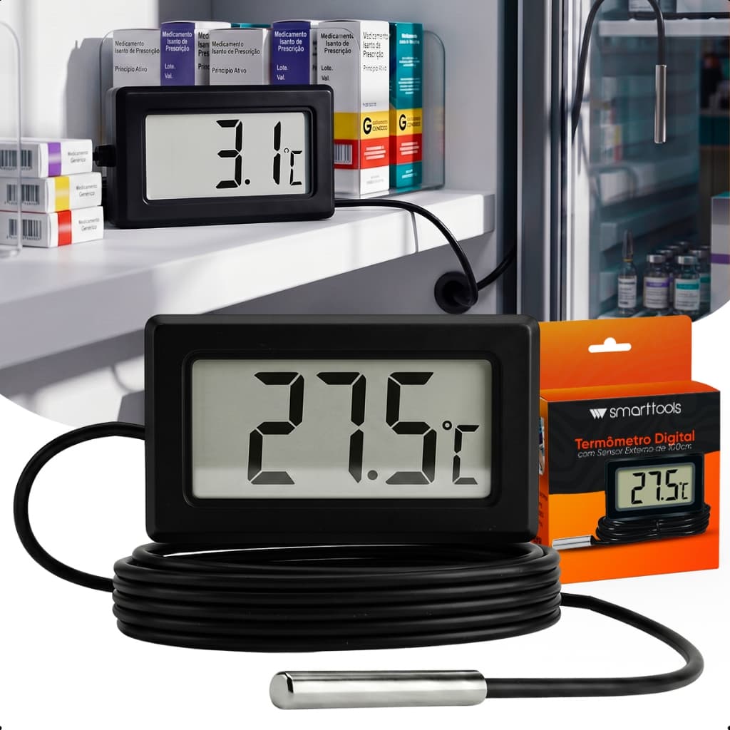 Termômetro Digital Sonda Externa Inox Prova D’água -50 a 110°C Aquário Freezer Geladeira LCD