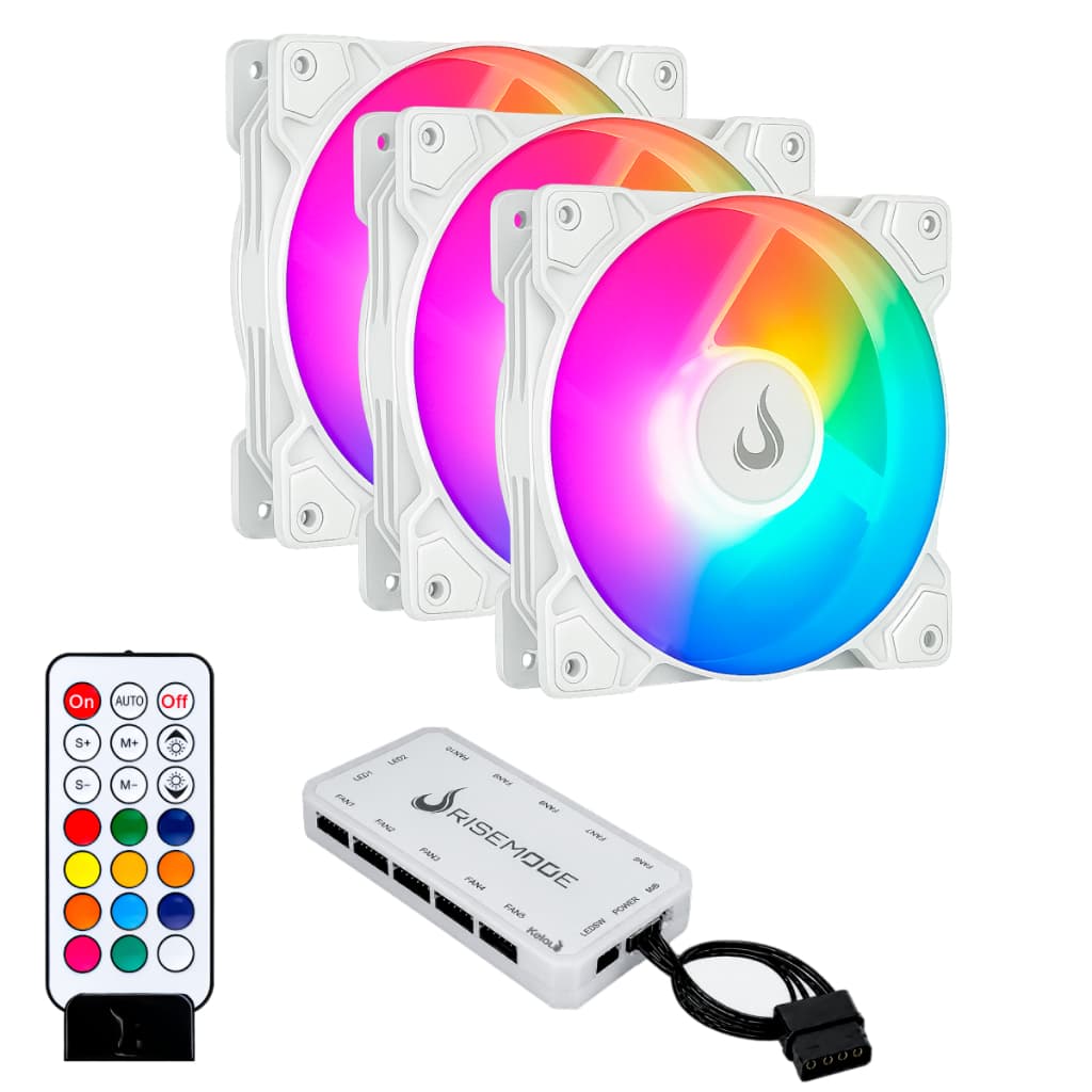 Kit 3 Fans Cooler Ventoinhas Pc Gamer Rise Mode Z White Argb C/ Controladora Hub Branco