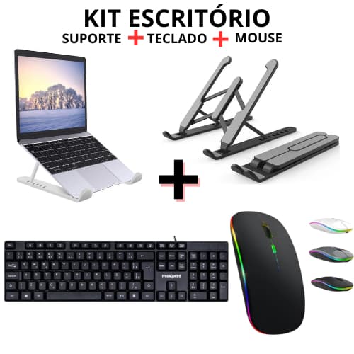 Kit Teclado Padrão + Mouse Sem Fio Bluetooth + Suporte Notebook Tablet PC Celular