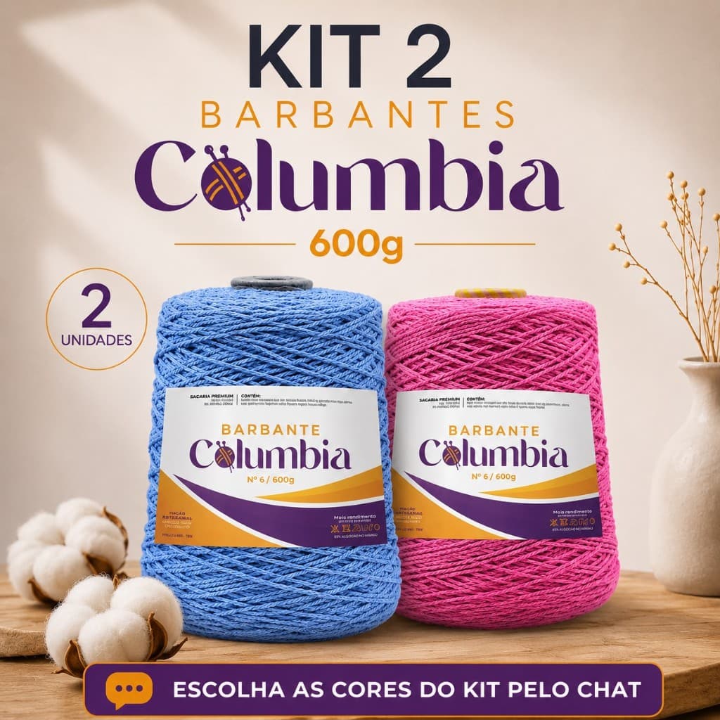 Kit 2 Barbante Fio 6 Columbia 600g para Crochê, Tricô e Macramê - [Novas Cores Lançamento]