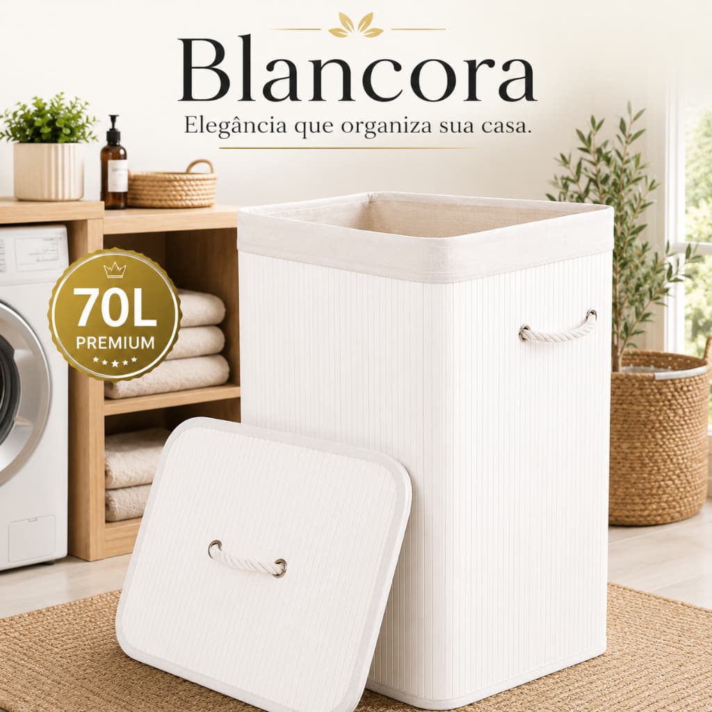 Cesto Organizador de Bambu 70L com Tampa e Alças Blancora Lavanderia Banheiro e Quarto