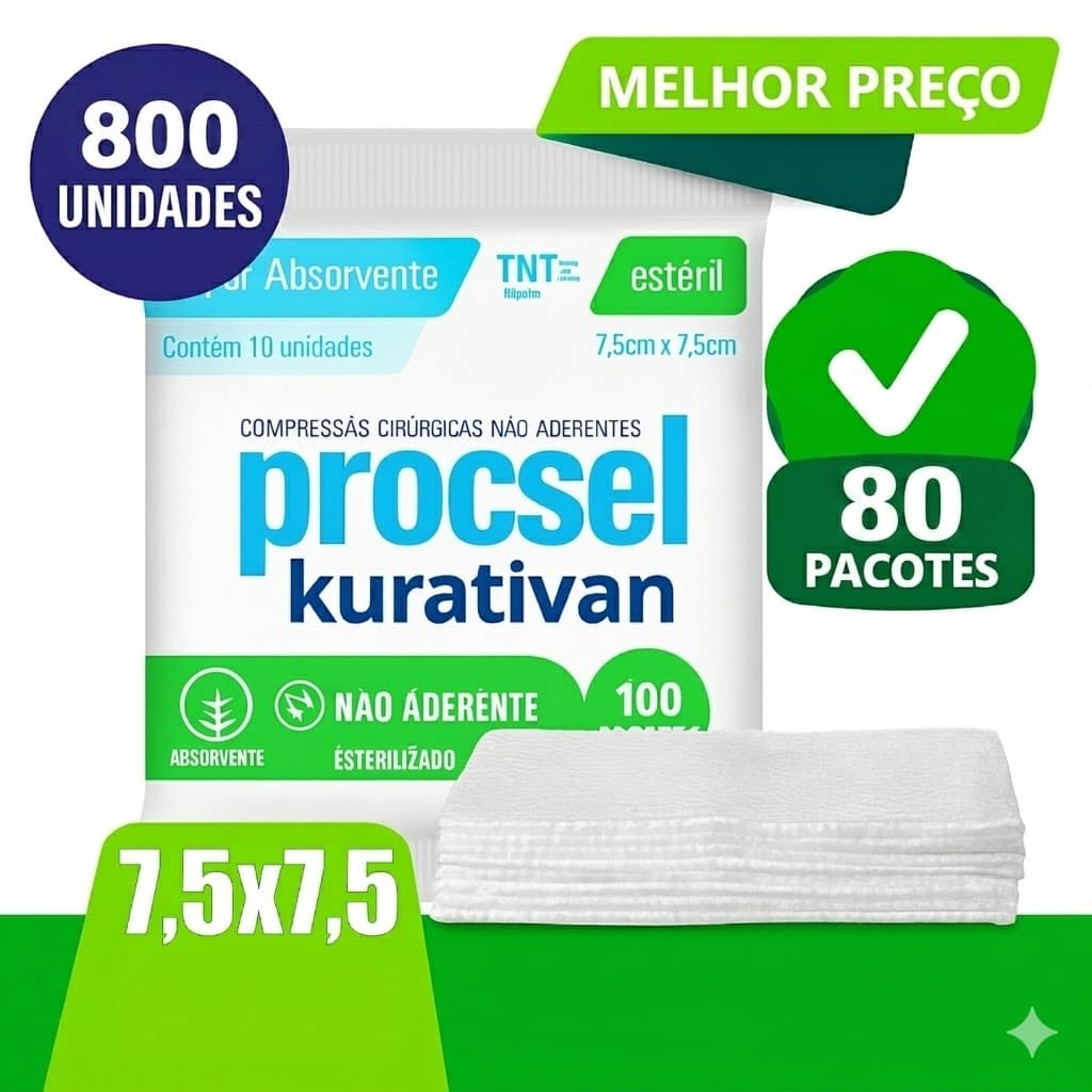 🔥 Kit 80 Compressas Kurativan Não Aderente 7,5x7,5 800 unidades Melhor Preço