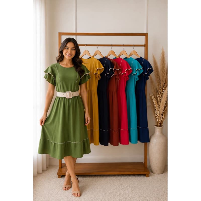 Vestido Mídi com cinto Moda evangélica  Vestido vermelho vestido Preto Vestido Verde Escolha o seu