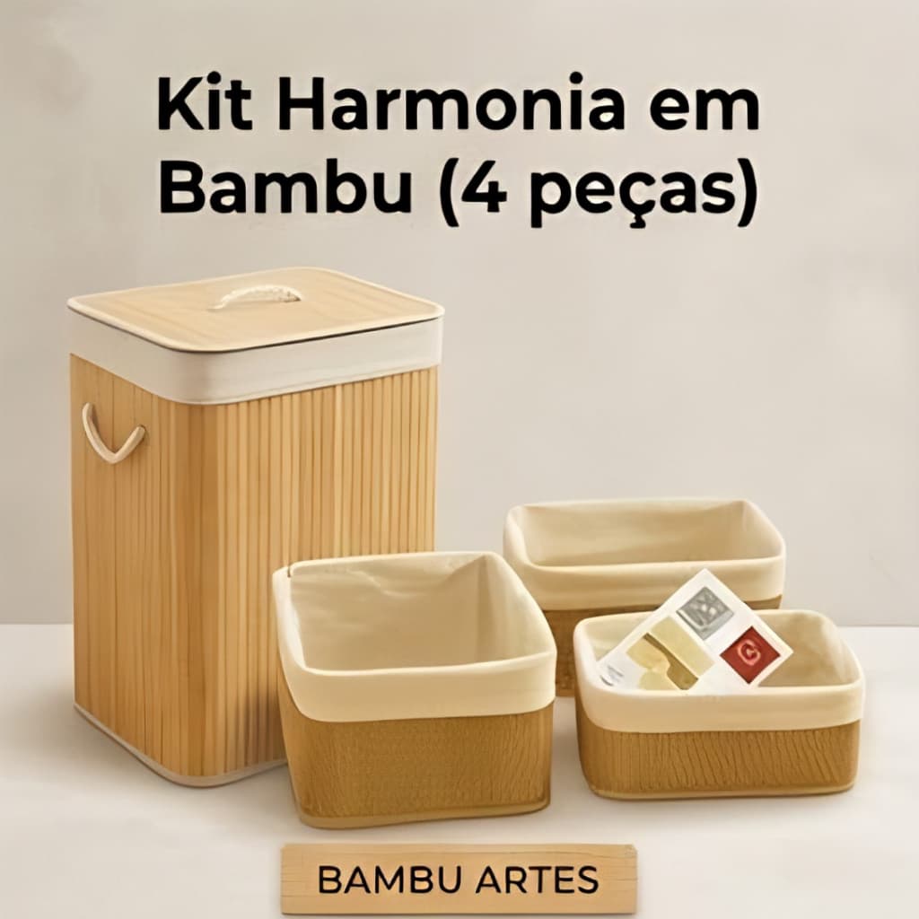 Cesto Organizador Grande Bambu 70 Litros Tampa Alças Resistente Sustentável kit cestos organizadores  Banheiro Quarto