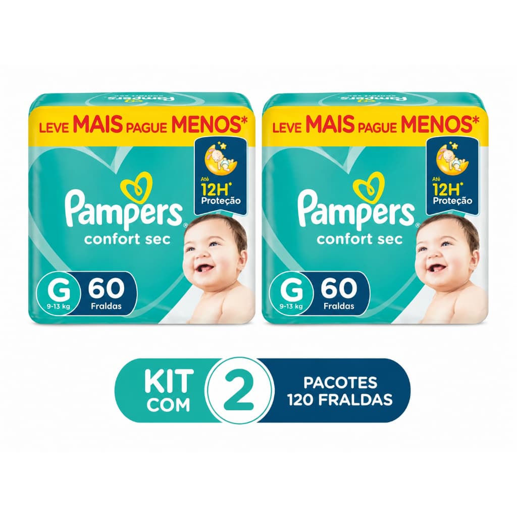 Kit 2 pacotes Fralda Pampers Confort Sec G 9-13kg 60un - Total 120unidades