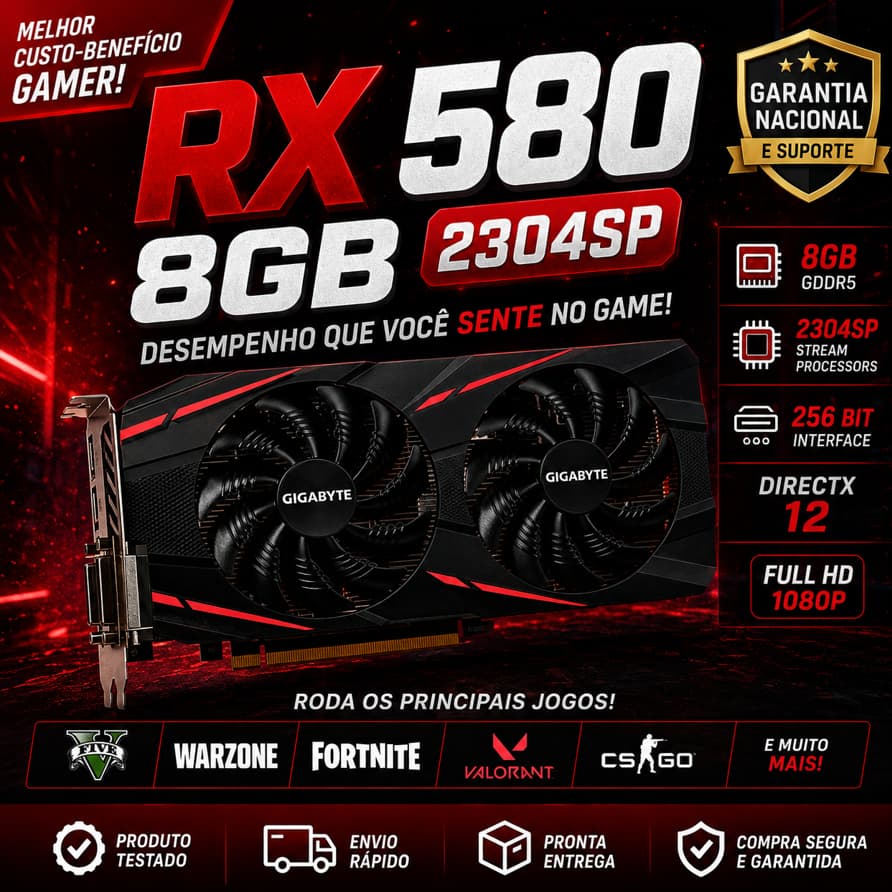 Placa de Vídeo RX 580 8GB Gamer AMD 2304SP GDDR5 Garantia Nacional