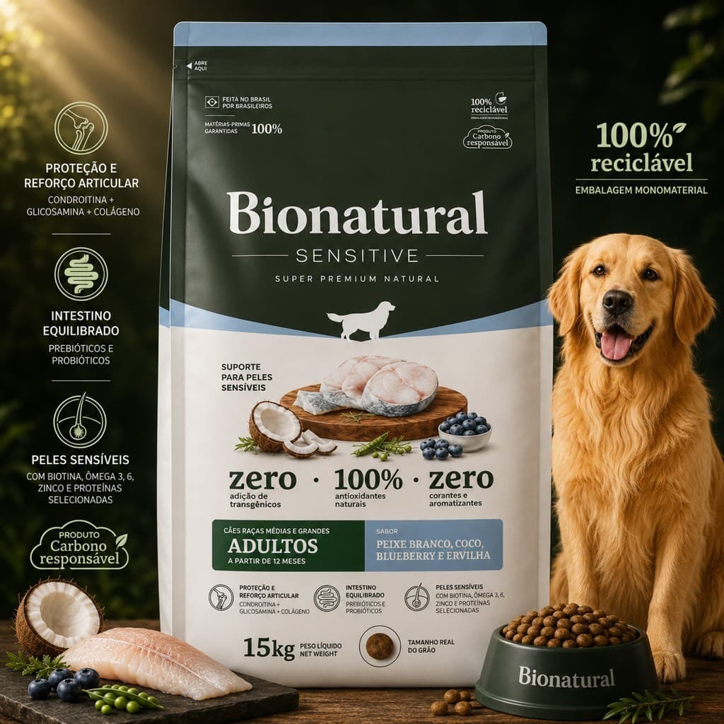 Ração Para Cachorro 15kg Bionatural Prime Sensitive Adulto Raças Medias e Grandes Peixe Branco Coco