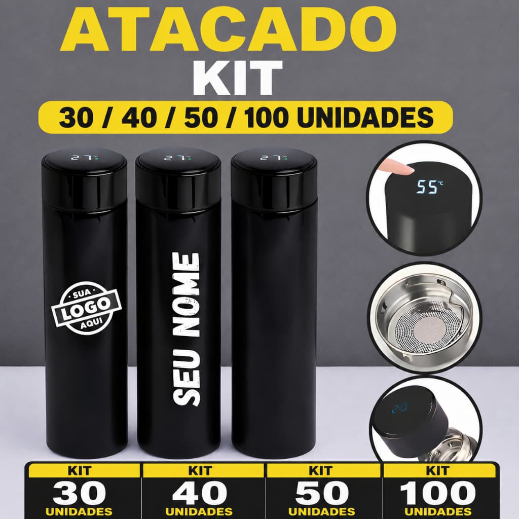 Kit 30/40/50/100 unidades Garrafa 500ml Personalizada LEDTermica Em Aço Inox Com Termômetro Digital Estilo Moderno brind