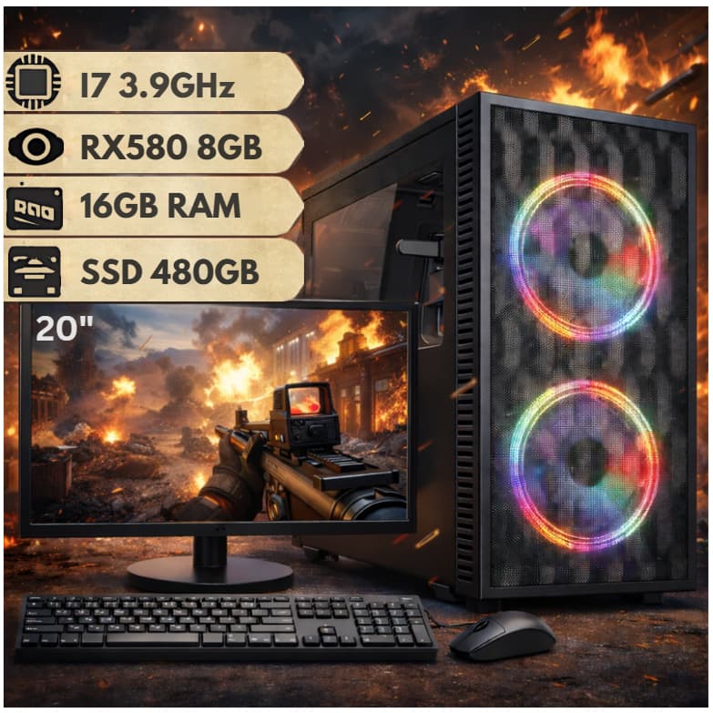 Computador Gamer Intel Core i7 Placa de Vídeo RX580 8GB com SSD 480GB e 16GB RAM C/ Monitor 20"