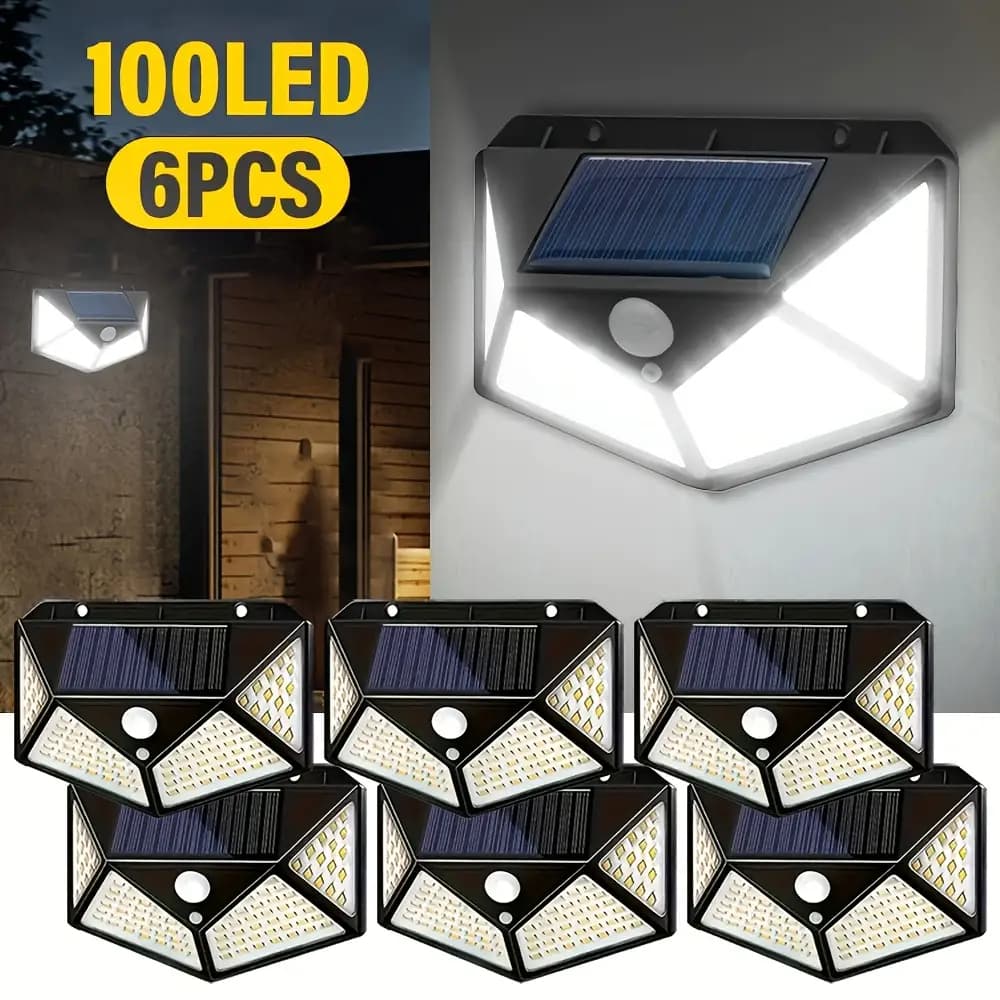KIT COM 6 Luminárias 100 LED Parede Solar Com Sensor Jardim Externa Prova D'água Refletor Para Jardim