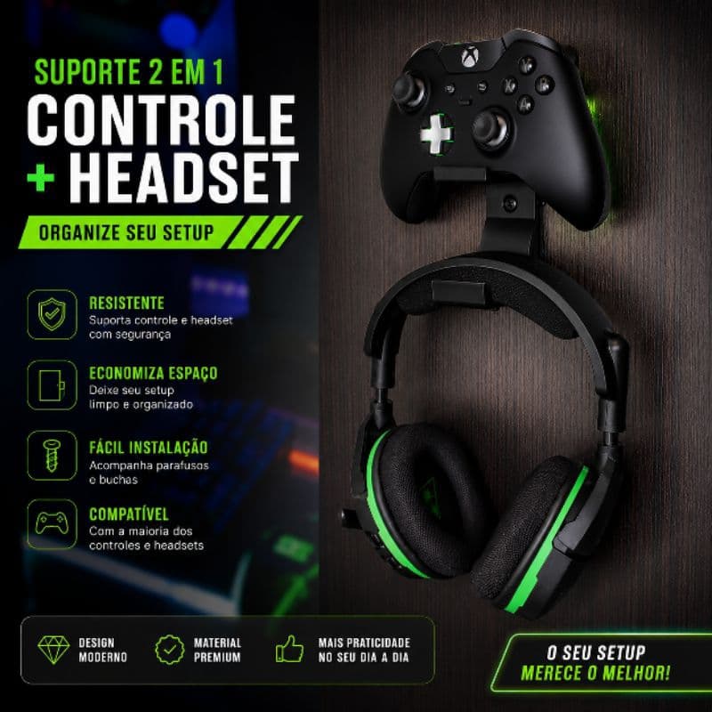 ‎Suporte Headset e Controle Gamer De Parede Organizar Setup universal