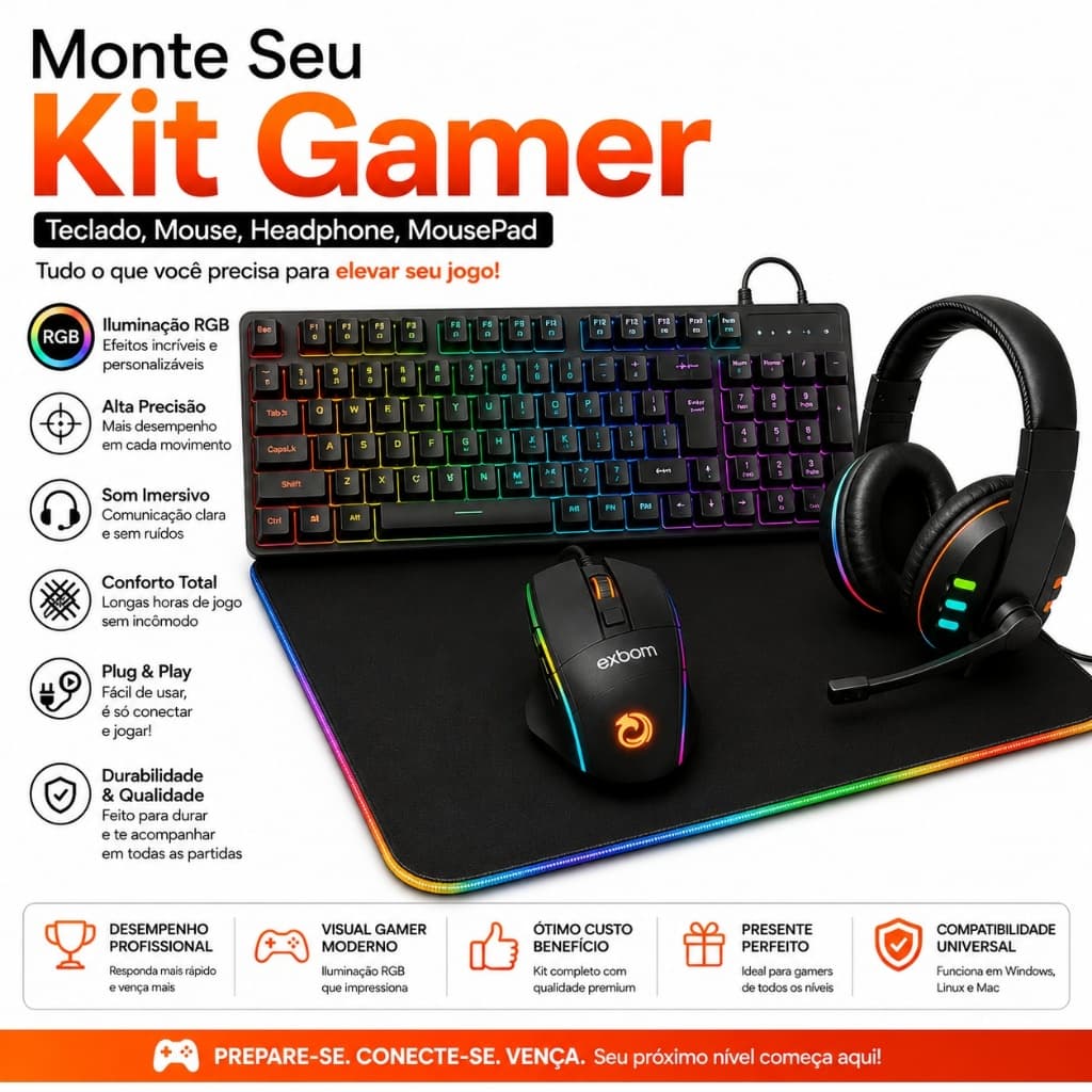 Kit Gamer Teclado Semi-mecânico RGB, Mouse RGB, MousePad LED Preto, Mousepad Mundo, Headphone Fone
