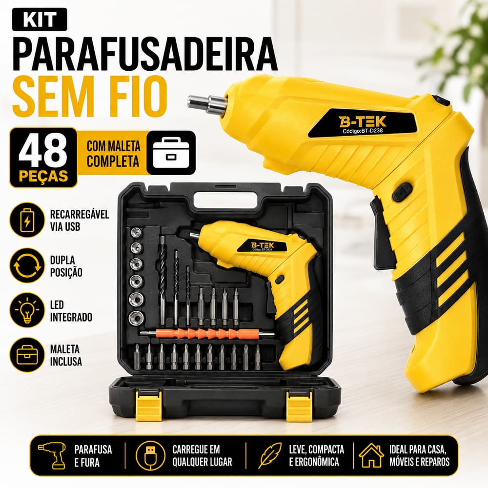 Kit Parafusadeira Furadeira Sem Fio 48 Peças LED Integrado Bateria Recarregável USB Dupla Posição com Maleta