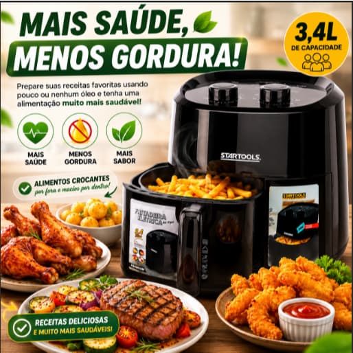 Air Fryer 3,4L 127V Fritadeira Elétrica Sem Óleo 1200W Preta Cesto Antiaderente